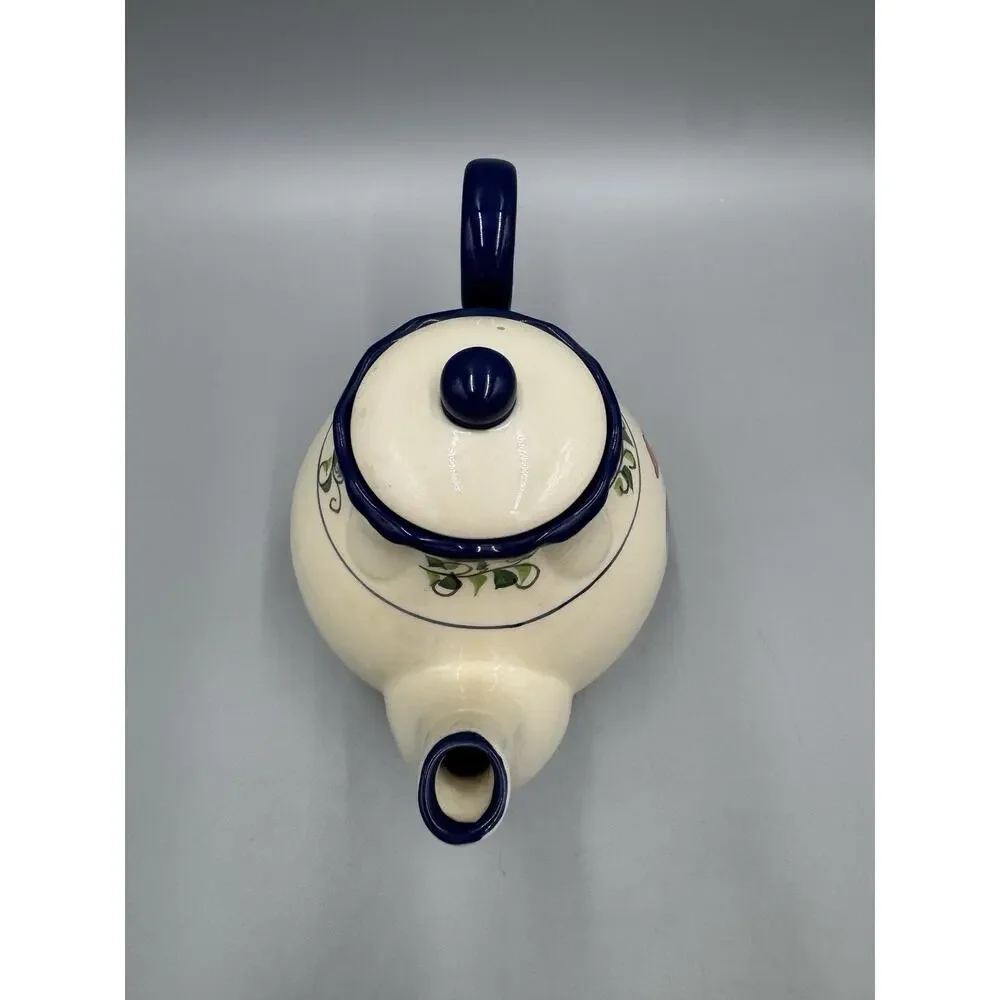 Crackle Barrel Rooster Teapot With Lid Blue Handle